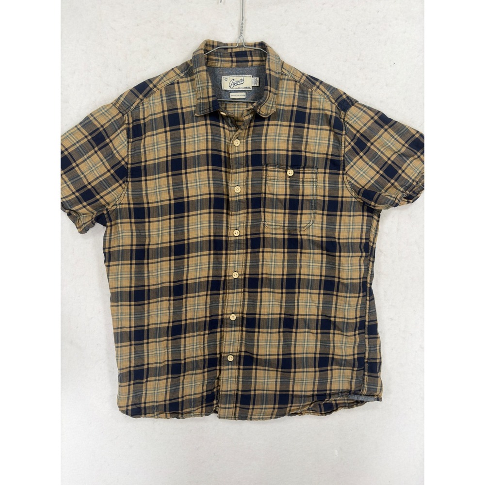 Grayers Clothiers Mens Large Short Sleeve Plaid Button Down Shirt Tan Navy Blue